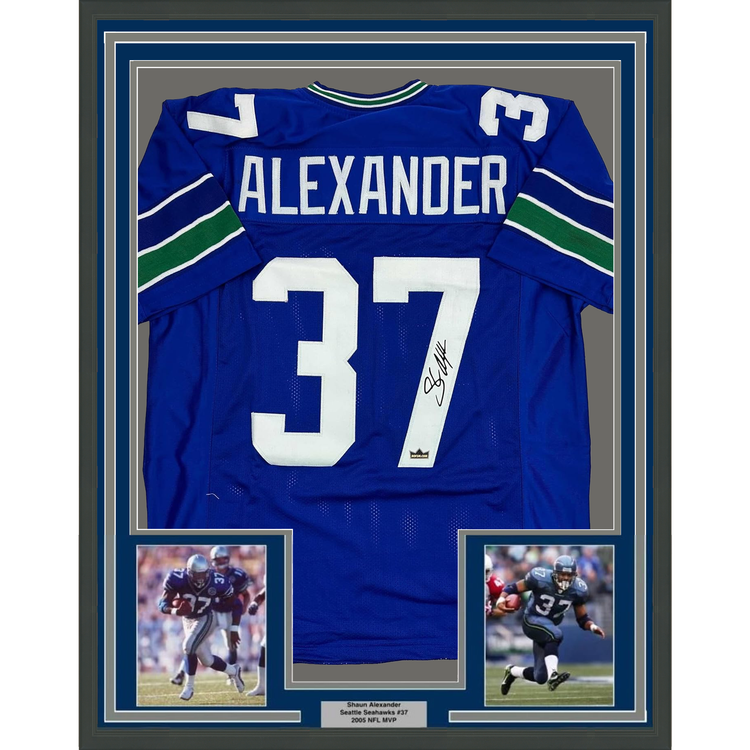 Framed Facsimile Autographed Shaun Alexander 35x39 Seattle Blue Reprint Laser Auto Football Jersey