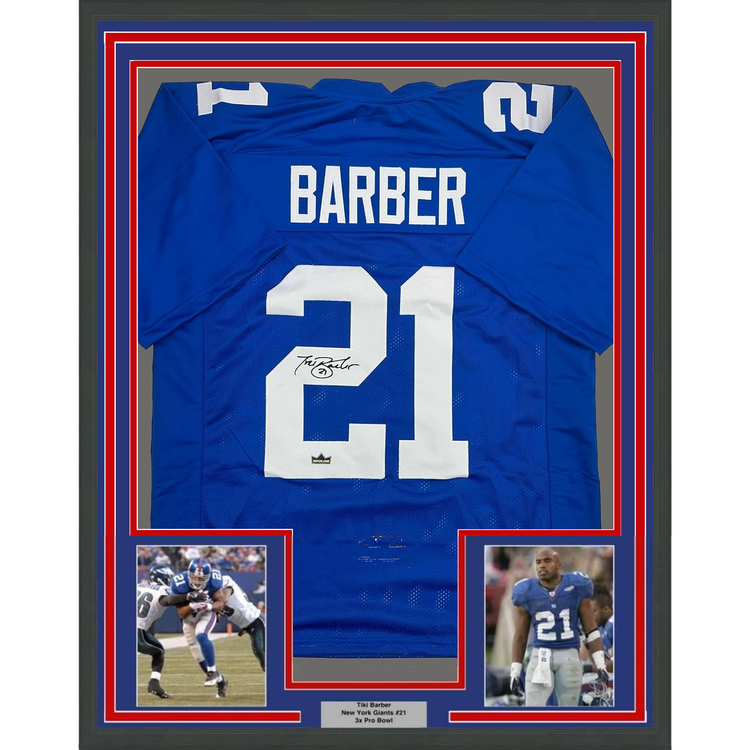 Framed Facsimile Autographed Tiki Barber 35x39 New York Blue Reprint Laser Auto Football Jersey