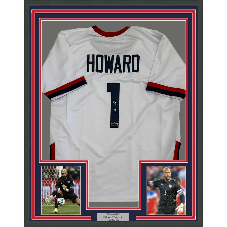 Framed Facsimile Autographed Tim Howard 35x39 United States USA White World Cup Reprint Laser Auto Soccer Jersey