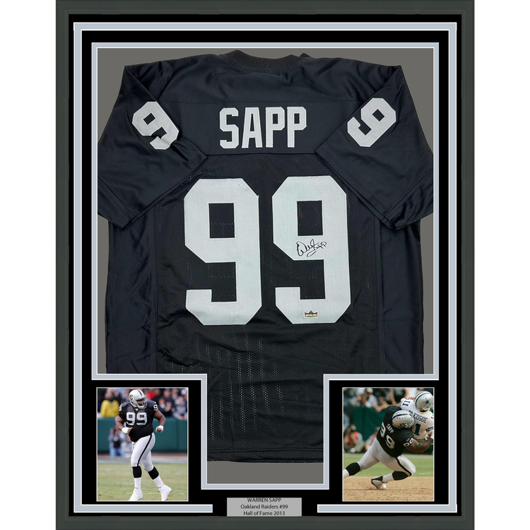Framed Facsimile Autographed Warren Sapp 35x39 Oakland Las Vegas Black Reprint Laser Auto Football Jersey