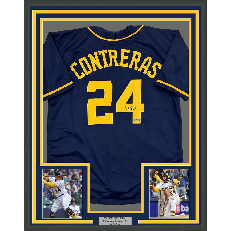 Framed Facsimile Autographed William Contreras 35x39 Milwaukee Blue Reprint Laser Auto Baseball Jersey