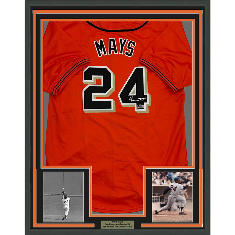 Framed Facsimile Autographed Willie Mays 35x39 San Francisco Orange Reprint Laser Auto Baseball Jersey