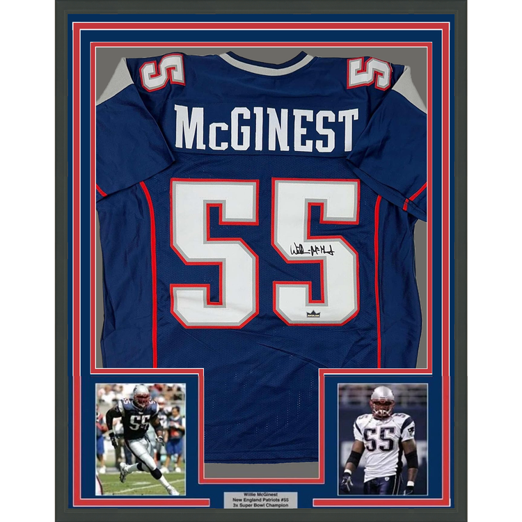 Framed Facsimile Autographed Willie McGinest 35x39 New England Blue Reprint Laser Auto Football Jersey