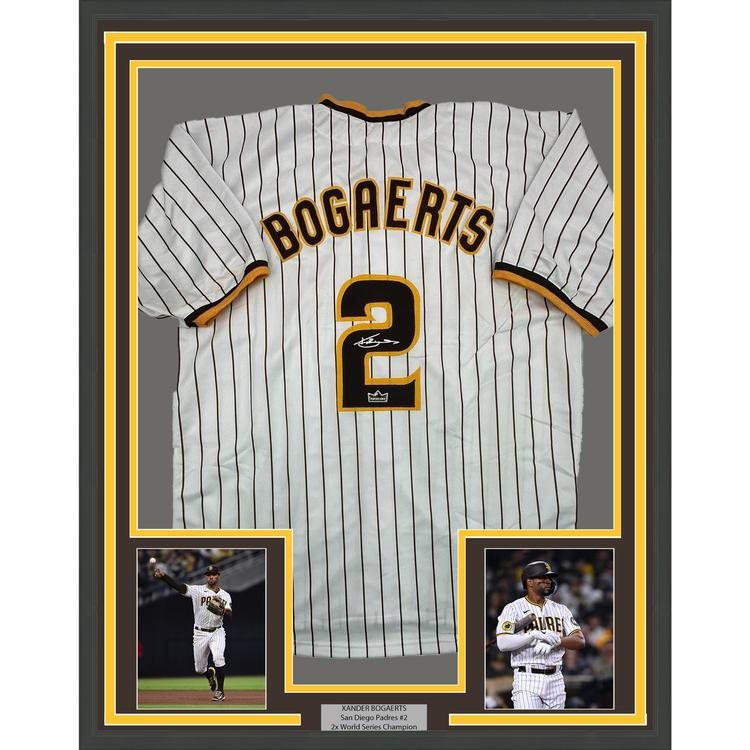 Framed Facsimile Autographed Xander Bogaerts 35x39 San Diego Pinstripe Reprint Laser Auto Baseball Jersey