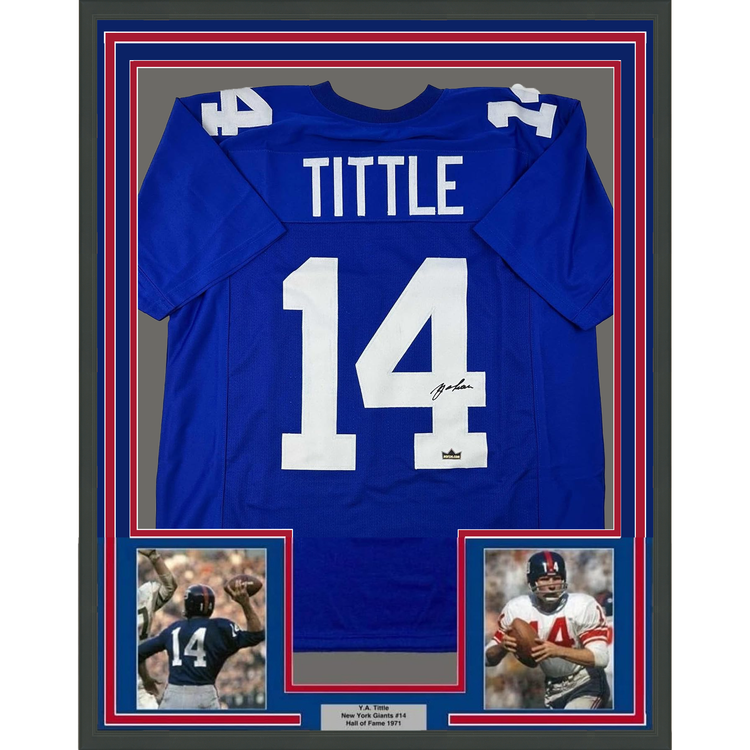 Framed Facsimile Autographed Y.A. YA Tittle 35x39 New York Blue Reprint Laser Auto Football Jersey