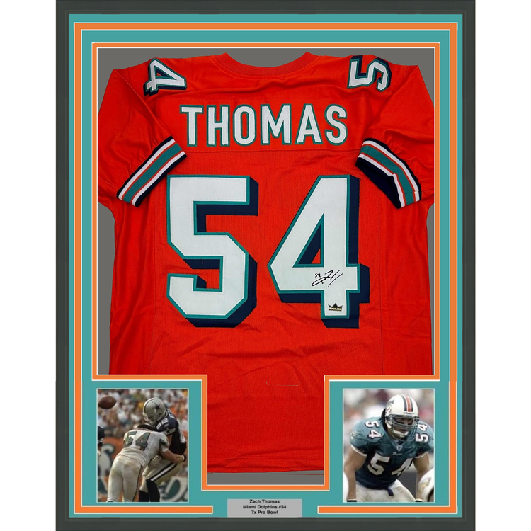 Framed Facsimile Autographed Zach Thomas 35x39 Miami Orange Reprint Laser Auto Football Jersey