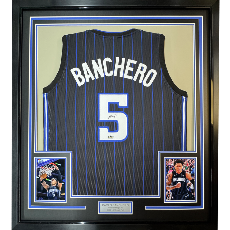 Framed Facsimile Autographed Paolo Banchero 35x39 Orlando Black Pinstripe Reprint Laser Auto Basketball Jersey
