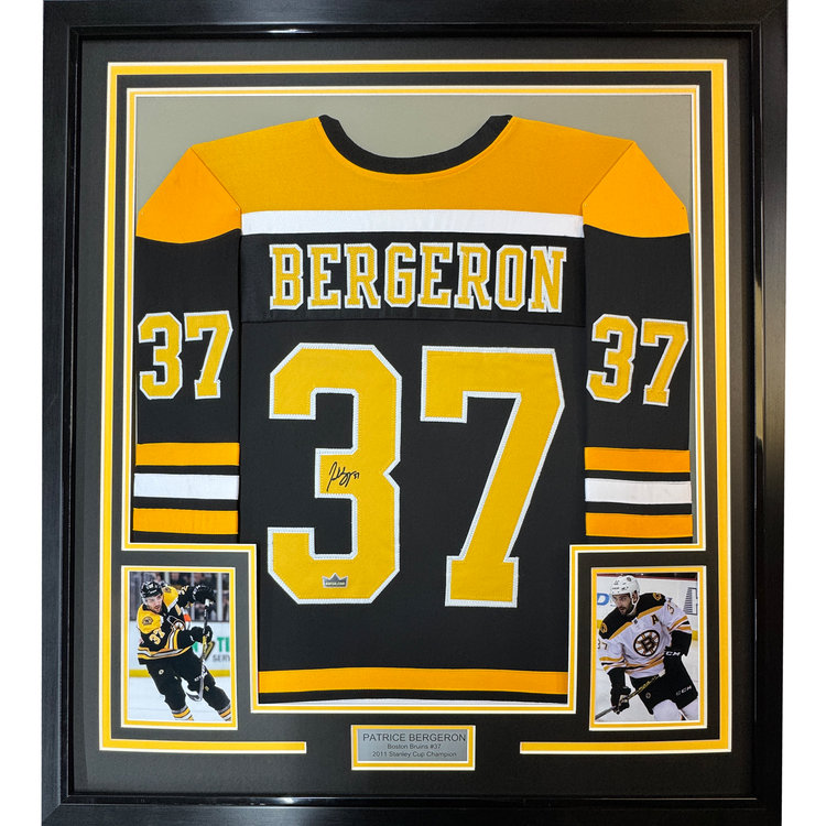Framed Facsimile Autographed Patrice Bergeron 35x39 Boston Black Reprint Laser Auto Hockey Jersey