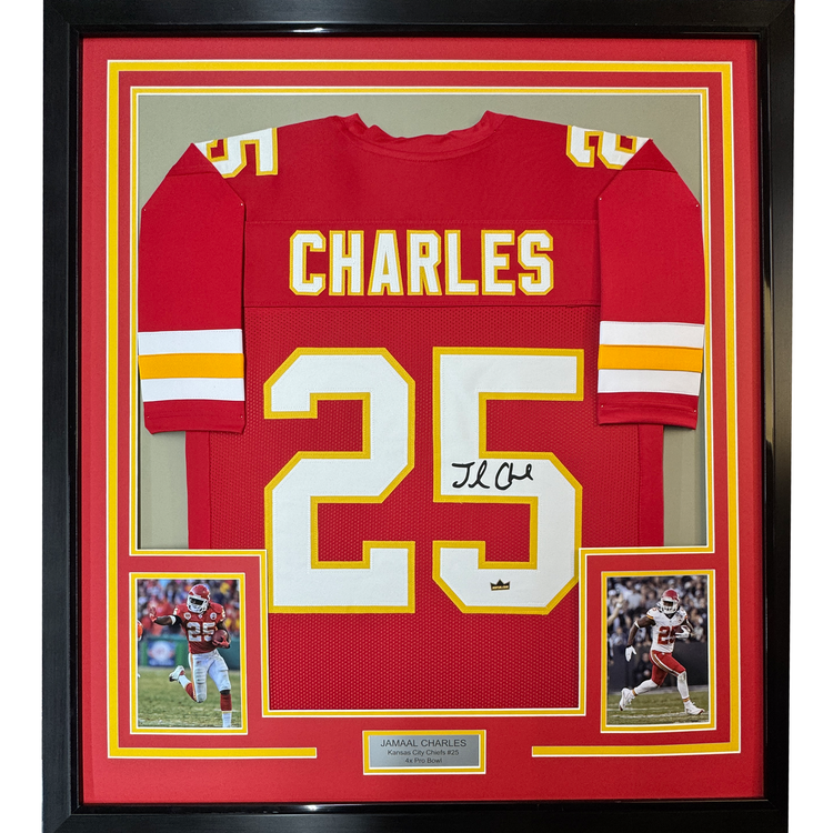Framed Facsimile Autographed Jamaal Charles 35x39 Kansas City Red Reprint Laser Auto Football Jersey