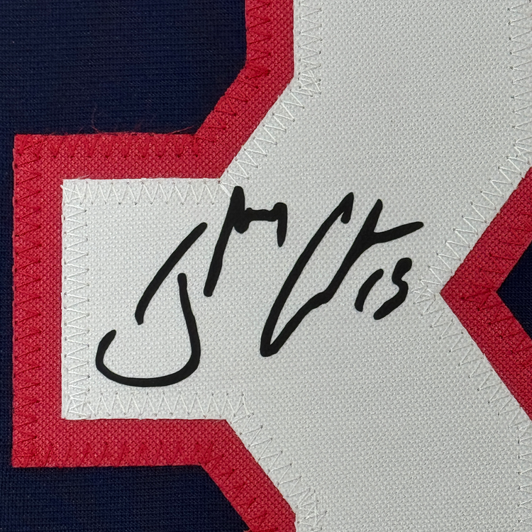 Framed Facsimile Autographed Johnny Gaudreau 35x39 Columbus Blue Reprint Laser Auto Hockey Jersey