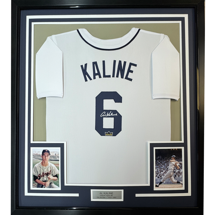 Framed Facsimile Autographed Al Kaline 35x39 Detroit White Reprint Laser Auto Baseball Jersey