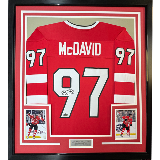 Framed Facsimile Autographed Connor McDavid 35x39 Canada Red 2025 4 Nations Face-Off Reprint Laser Auto Hockey Jersey