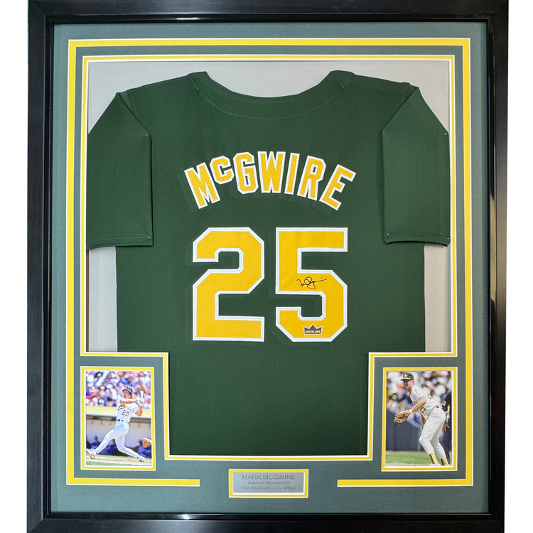 Framed Facsimile Autographed Mark McGwire 35x39 Oakland Green Reprint Laser Auto Baseball Jersey