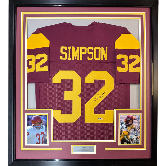 Framed Facsimile Autographed OJ O.J. Simpson 35x39 USC Maroon Reprint Laser Auto College Football Jersey