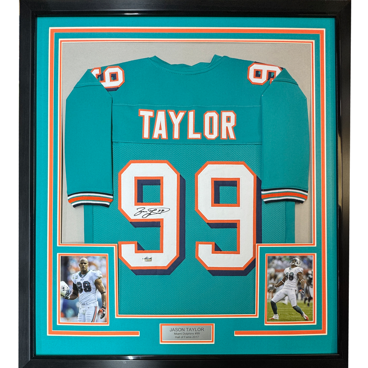 Framed Facsimile Autographed Jason Taylor 35x39 Miami Teal Reprint Laser Auto Football Jersey