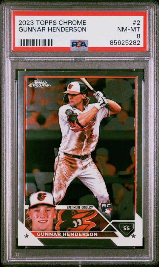 Graded 2023 Topps Chrome Gunnar Henderson #2 Rookie RC Baseball Card PSA 8 Near Mint