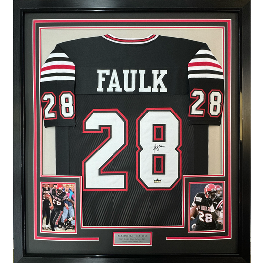 Framed Facsimile Autographed Marshall Faulk 35x39 San Diego State Black Reprint Laser Auto College Football Jersey