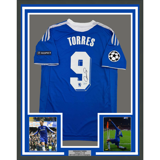 Framed Autographed/Signed Fernando Torres 35x39 Chelsea FC Blue Soccer Futbol Jersey Beckett BAS COA