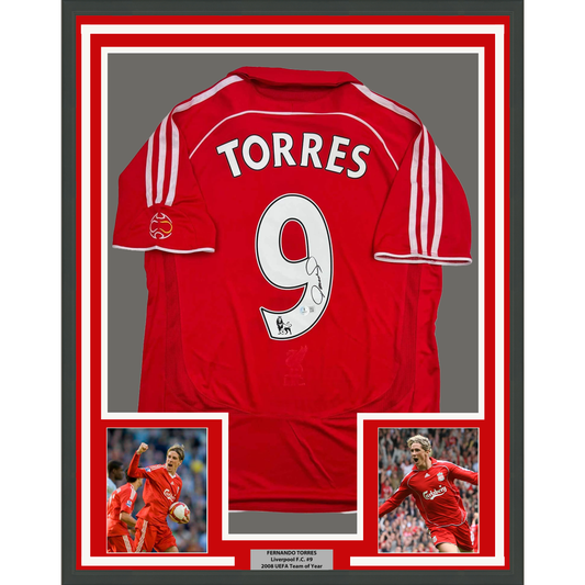 Framed Autographed/Signed Fernando Torres 35x39 Liverpool Red Soccer Jersey Beckett BAS COA