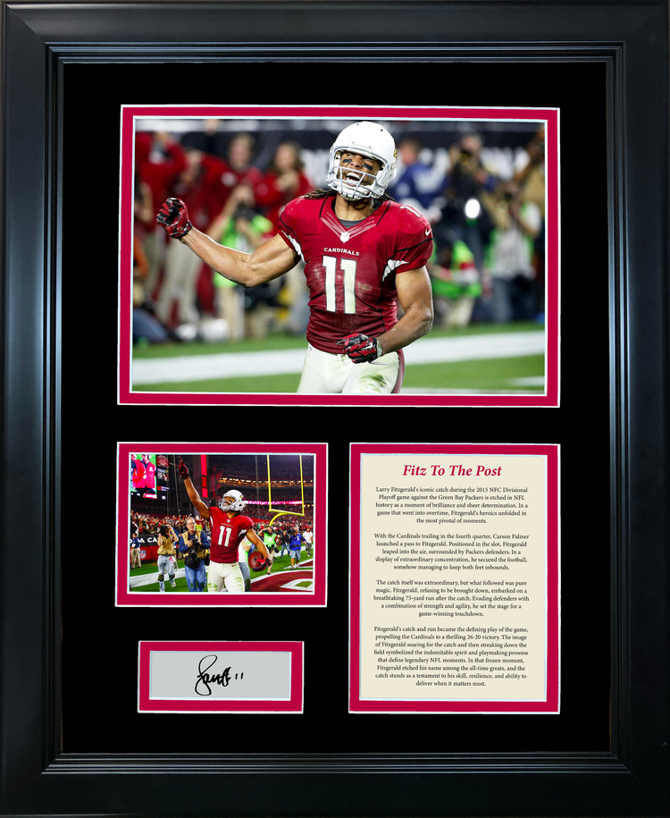 Framed  Fitz To The Post  Larry Fitzgerald 2015 Playoffs Catch vs Packers Facsimile Laser Engraved Signature Auto Arizona Cardinals Football 11"x14" Photo Sig Collage