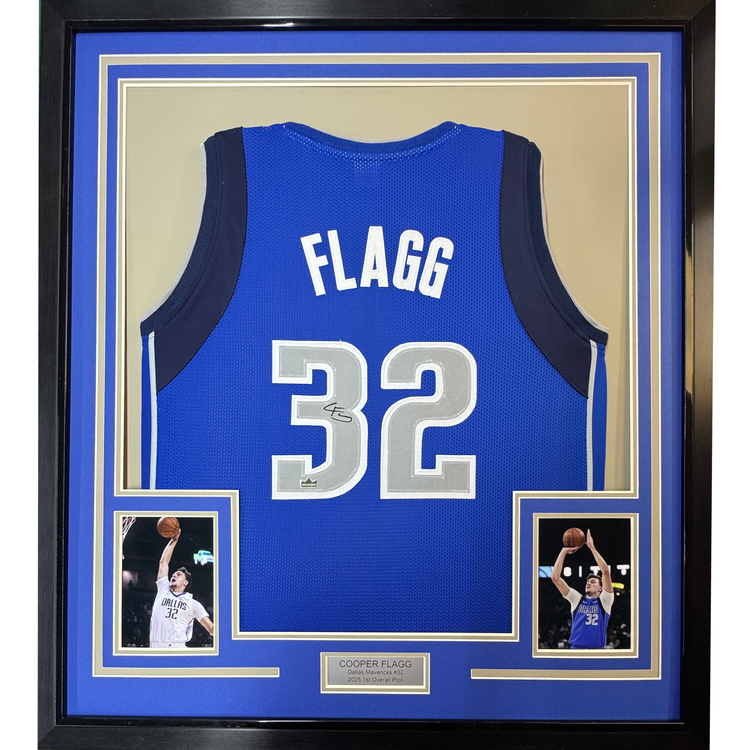 Framed Facsimile Autographed Cooper Flagg 35x39 Dallas Blue Reprint Laser Auto Basketball Jersey