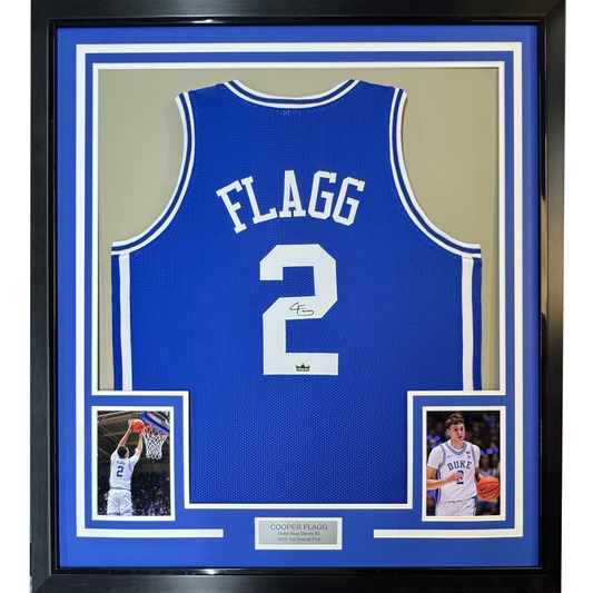 Framed Facsimile Autographed Cooper Flagg 35x39 Duke Blue Reprint Laser Auto College Basketball Jersey