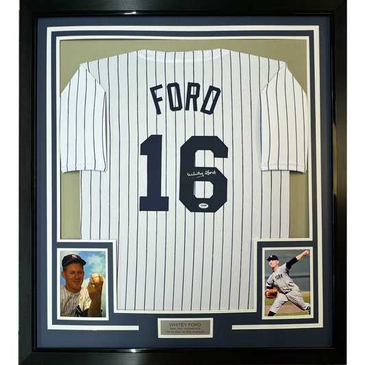Framed Autographed/Signed Whitey Ford 35x39 New York Pinstripe Baseball Jersey PSA/DNA COA #3