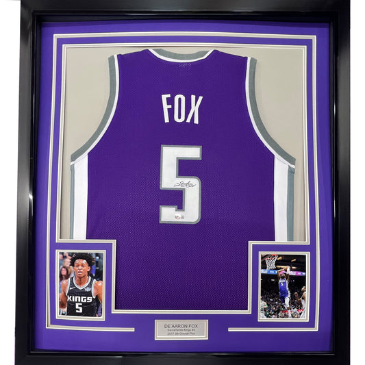 Framed Autographed/Signed De'Aaron Fox 35x39 Sacramento Purple Basketball Jersey Beckett BAS COA