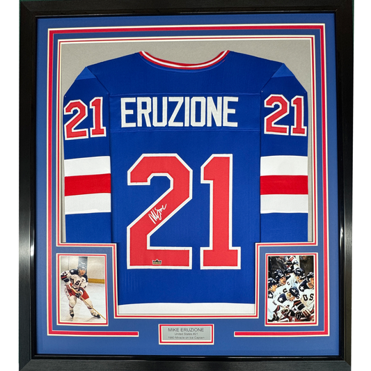Framed Facsimile Autographed Mike Eruzione 35x39 United States USA Blue 1980 Miracle on Ice Reprint Laser Auto Hockey Jersey