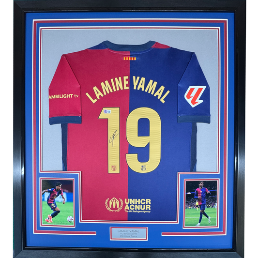Framed Autographed/Signed Lamine Yamal 35x39 FC Barcelona Blue Soccer Jersey Beckett BAS COA
