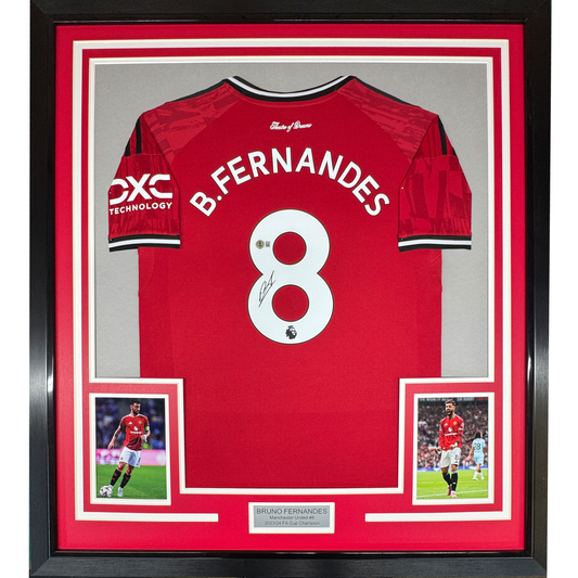 Framed Autographed/Signed Bruno Fernandes 35x39 Manchester United Red Soccer Jersey Beckett BAS COA