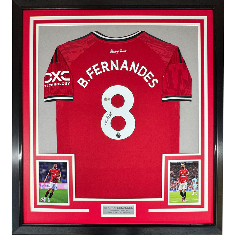 Framed Autographed/Signed Bruno Fernandes 35x39 Manchester United Red Soccer Jersey Beckett BAS COA