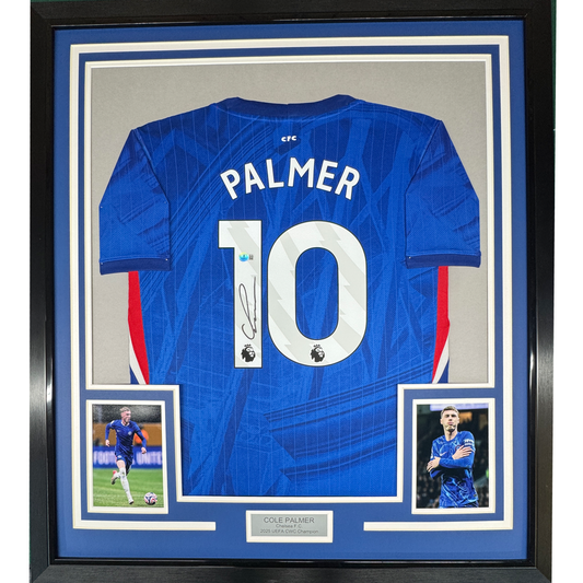 Framed Autographed/Signed Cole Palmer 35x39 Chelsea FC Blue Soccer Futbol Jersey Beckett BAS COA