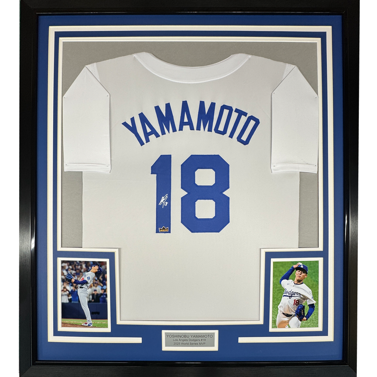 Framed Facsimile Autographed Yoshinobu Yamamoto 35x39 Los Angeles LA White Reprint Laser Auto Baseball Jersey