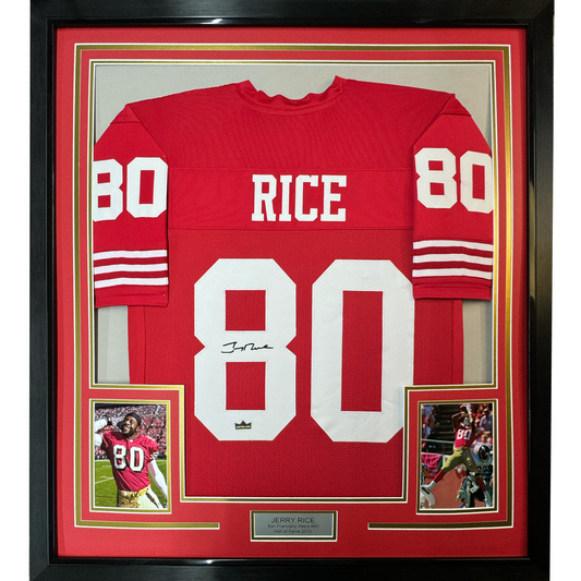 Framed Facsimile Autographed Jerry Rice 35x39 San Francisco Red Reprint Laser Auto Football Jersey