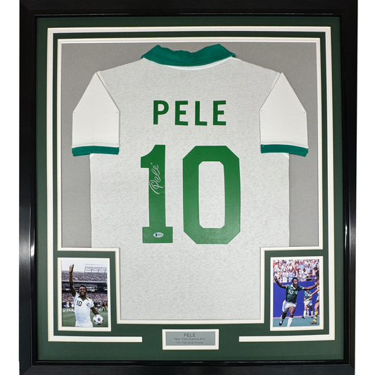Framed Autographed/Signed Pele 35x39 New York Cosmos White Soccer Futbol Jersey Beckett BAS COA