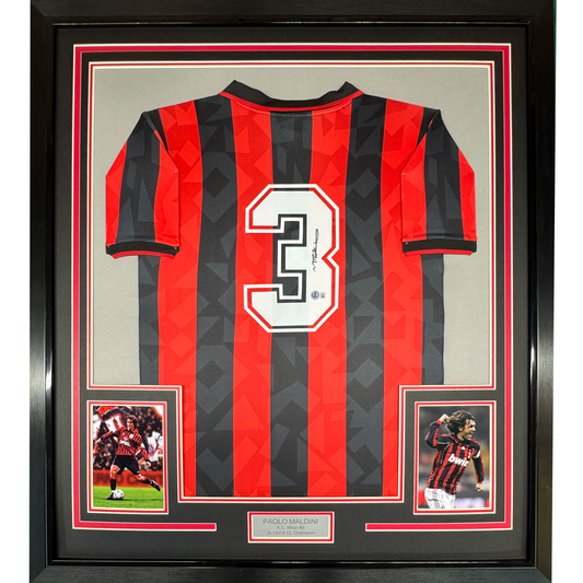 Framed Autographed/Signed Paolo Maldini 35x39 AC Milan Black/Red Soccer Futbol Jersey Beckett BAS COA
