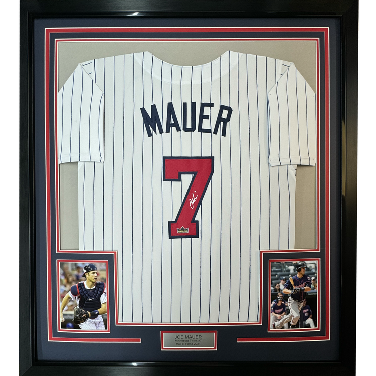 Framed Facsimile Autographed Joe Mauer 35x39 Minnesota Pinstripe Reprint Laser Auto Baseball Jersey