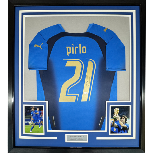 Framed Autographed/Signed Andrea Pirlo 35x39 Italy Blue Soccer Futbol Jersey Beckett BAS COA