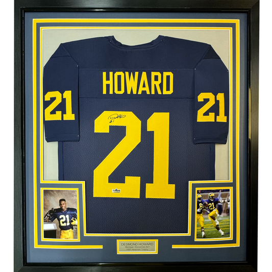 Framed Facsimile Autographed Desmond Howard 35x39 Michigan Blue Reprint Laser Auto College Football Jersey