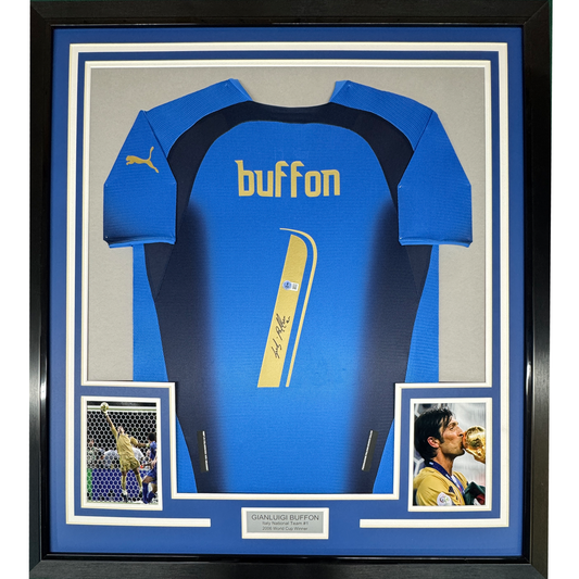 Framed Autographed/Signed Gianluigi Buffon 35x39 Italy Blue Soccer Futbol Jersey Beckett BAS COA
