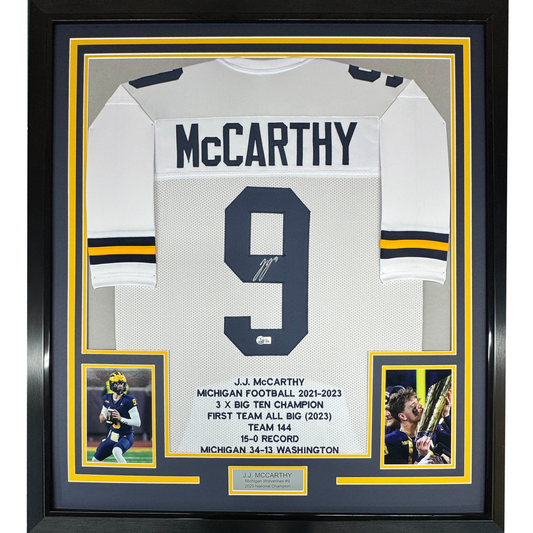 Framed Autographed/Signed J.J. JJ McCarthy 35x39 Michigan White College Stat Football Jersey Beckett BAS COA