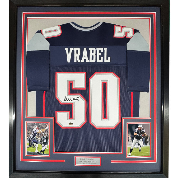 Framed Facsimile Autographed Mike Vrabel 35x39 New England Blue Reprint Laser Auto Football Jersey