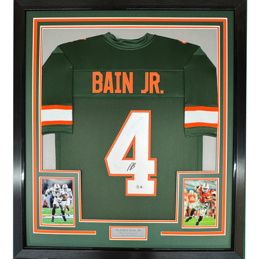 Framed Autographed/Signed Rueben Bain Jr. 35x39 Miami Green College Football Jersey Beckett BAS COA