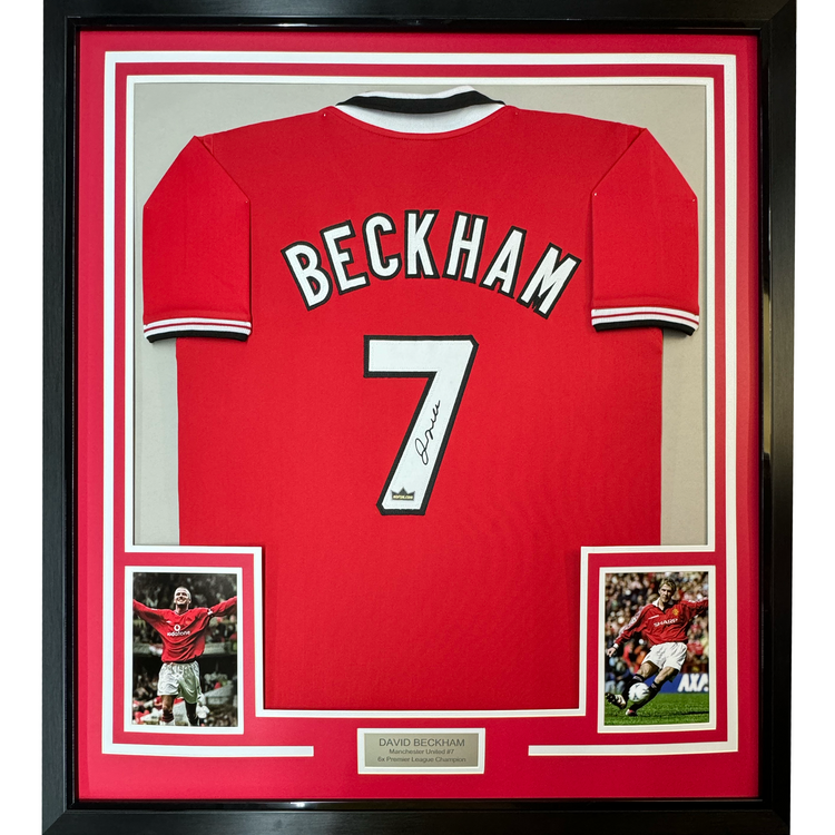 Framed Facsimile Autographed David Beckham 35x39 Manchester United Red Reprint Laser Auto Soccer Jersey