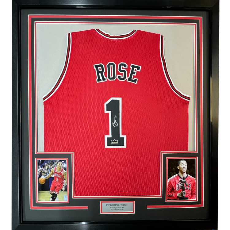 Framed Facsimile Autographed Derrick Rose 35x39 Chicago Red Reprint Laser Auto Basketball Jersey