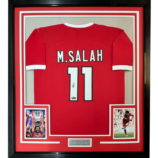 Framed Facsimile Autographed Mohamed Mo Salah 35x39 Liverpool FC Red Reprint Laser Auto Soccer Jersey