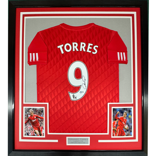 Framed Autographed/Signed Fernando Torres 35x39 Liverpool Red Soccer Jersey Beckett BAS COA