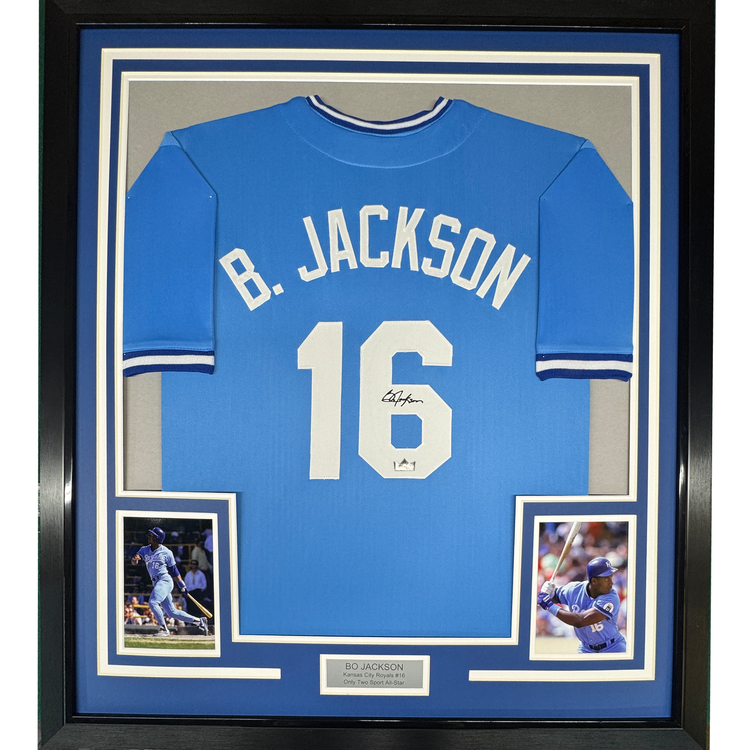 Framed Facsimile Autographed Bo Jackson 35x39 Kansas City Blue Reprint Laser Auto Baseball Jersey