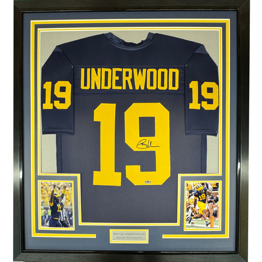Framed Facsimile Autographed Bryce Underwood 35x39 Michigan Blue Reprint Laser Auto College Football Jersey